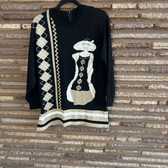 Vintage Funky Sweater Woman with Hat Sunglasses Black Taupe - Picture 8 of 9